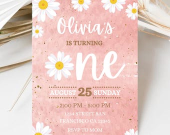 May include: A pink and white birthday invitation with a daisy pattern. The invitation reads "Olivia's is turning one" with a large white number one. The date is August 25th, and the time is 2:00 PM to 5:00 PM. The address is 1234 Street San Francisco CA 12345. The RSVP information is "RSVP to Mom 123-456-7890".
