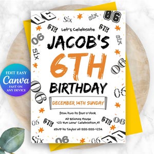 Invito per la festa del 6° compleanno del ragazzo Invito per il numero del ragazzo Invito per il sesto compleanno della ragazza Biglietto di compleanno per bambini Invito per la festa modificabile del ragazzo Bambino NM1