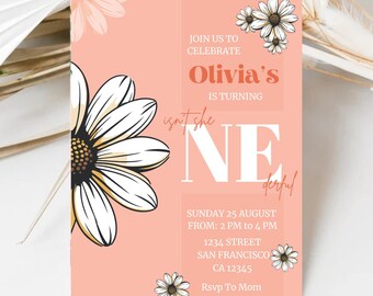 May include: A pink and white birthday invitation with a large white daisy and the text "Olivia's isn't she NE derful" and details for a party on Sunday, 25th August.