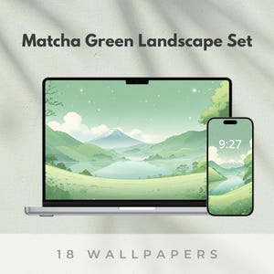 May include: A laptop and smartphone display a matcha green landscape wallpaper set. The laptop screen shows a mountain range, lake, and sky. The smartphone displays the time 9:27. The text "Matcha Green Landscape Set" and "18 Wallpapers" are also visible.