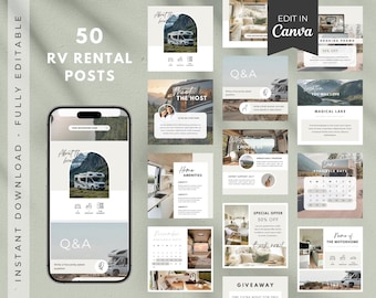 May include: A digital product showcasing 50 RV rental posts. The design features a mobile phone displaying a sample post, along with various templates for social media. Text includes "RV Rental Posts", "Q&A", and "Edit in Canva". The color palette is neutral with beige and white.
