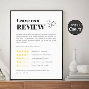 Airbnb Review Sign, Airbnb Rating, Airbnb Star Rating Explanation, Airbnb Signs, Five Stars Rating Guide, Airbnb Printable Sign, Review Sign