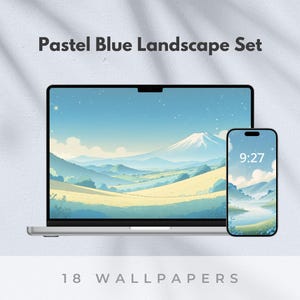 May include: A laptop and smartphone display a pastel blue landscape wallpaper set. The laptop shows a mountain scene with a blue sky, while the phone displays the time, 9:27, with a similar landscape. Text reads "Pastel Blue Landscape Set" and "18 Wallpapers."