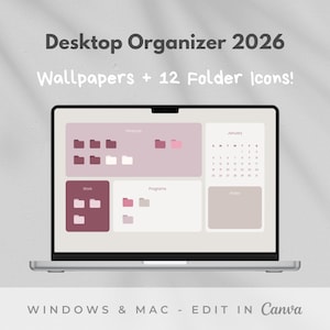 Könnte beinhalten: Ein Laptop-Bildschirm zeigt einen Desktop-Organizer mit einem hellvioletten und weißen Farbschema. Der Bildschirm zeigt einen Kalender, Ordnersymbole und den Text "Desktop Organizer 2026". Der Text "WINDOWS & MAC - EDIT IN Canva" ist ebenfalls sichtbar.