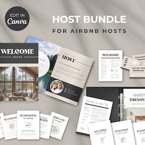 May include: A host bundle for Airbnb hosts, featuring a welcome guide, guest turnover checklists, cleaning checklists, and other printable resources. The bundle includes a binder with checklists, a welcome guide, and several printable cards.
