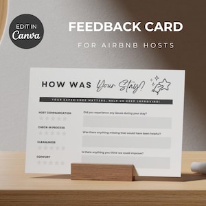 May include: A white feedback card for Airbnb hosts, with the text "How Was Your Stay?" and prompts for guest feedback on host communication, cleanliness, and comfort. The card is displayed on a wooden stand.