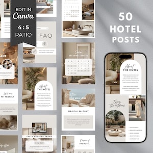 Op de afbeelding: Een verzameling van 50 hotel post templates, volledig bewerkbaar in Canva, weergegeven op een lichtgrijze achtergrond. De templates bevatten verschillende ontwerpen met tekst zoals "Over het hotel", "Restaurant" en "Magisch balkon". De afbeelding bevat ook een smartphone mockup.