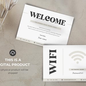 Pu&ograve; includere: Due biglietti di benvenuto stampabili per gli ospiti. Il primo biglietto contiene un messaggio di benvenuto con uno spazio per aggiungere il tuo nome e indirizzo. Il secondo biglietto contiene un simbolo wifi e il testo "WIFI" con uno spazio per aggiungere il nome della rete e la password.