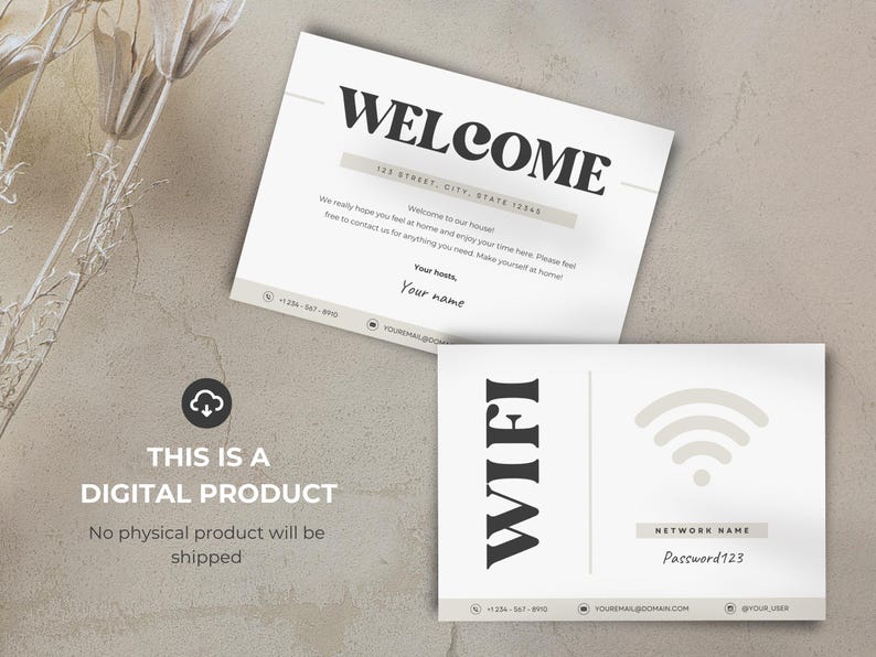 Pu&ograve; includere: Due biglietti di benvenuto stampabili per gli ospiti. Il primo biglietto contiene un messaggio di benvenuto con uno spazio per aggiungere il tuo nome e indirizzo. Il secondo biglietto contiene un simbolo wifi e il testo "WIFI" con uno spazio per aggiungere il nome della rete e la password.