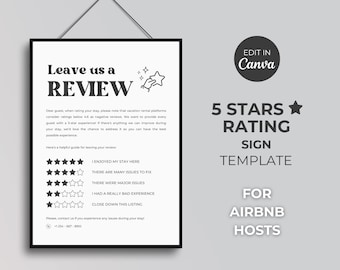 Airbnb 5-Sterne-Rating-Schild: Bewertungsleitfaden für die Ferienunterkunft (bearbeitbare Canva-Vorlage)