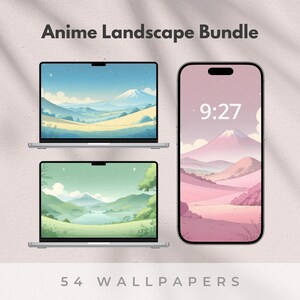 May include: An image showcasing an "Anime Landscape Bundle" with 54 wallpapers. Two laptops display anime landscape scenes, and a smartphone shows a similar design. The phone displays the time as 9:27. The overall color scheme is pastel.