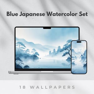 May include: A laptop and smartphone display a blue Japanese watercolour landscape. The laptop and phone screens show a serene scene of mountains, trees, and water. The text "Blue Japanese Watercolour Set" and "18 Wallpapers" are also visible.
