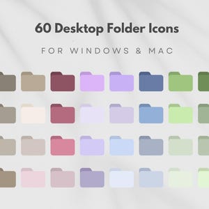 Peut inclure: Une collection de 60 icônes de dossiers de bureau aux couleurs pastel variées, notamment des nuances de marron, de rose, de violet, de bleu et de vert. Le texte "60 Desktop Folder Icons FOR WINDOWS & MAC" est affiché en haut.