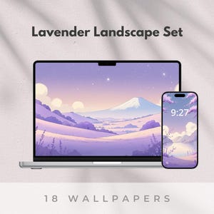 May include: A laptop and smartphone display a lavender landscape wallpaper set. The laptop shows a mountain scene with purple hues, while the phone displays a similar design with a time display. The text "Lavender Landscape Set" and "18 Wallpapers" are also visible.