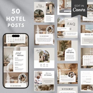 Op de afbeelding: Een digitale marketingset voor hotels, met 50 aanpasbare berichten. Het ontwerp bevat een smartphone-mockup met verschillende hotelgerelateerde inhoud, zoals services, veelgestelde vragen en promotieaanbiedingen. De tekst "50 HOTEL POSTS" is prominent aanwezig.