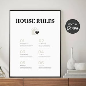 Könnte beinhalten: Ein schwarz-weißes druckbares Poster mit dem Text "HOUSE RULES" und einer Liste von Regeln, darunter "No Smoking", "No Guests", "No Parties", "No Pets", "No Noise" und "Damage". Das Poster enthält auch ein kleines Haussymbol mit einem Herzen.