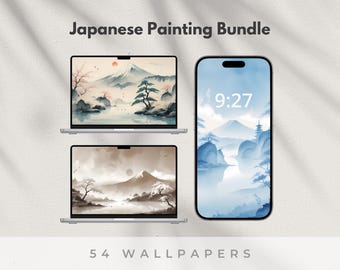 May include: Digital wallpaper bundle with Japanese landscape paintings. The image shows two laptops and a smartphone displaying serene scenes of mountains, trees, and water in shades of blue, brown, and pink. The text "Japanese Painting Bundle" and "54 Wallpapers" are also visible.