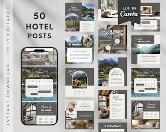 Hotel Instagram Post Template: Mountain Hospitality Social Media Bundle (Canva Editable)