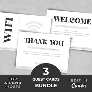 Airbnb Cards Bundle, Airbnb Thank You Card, Editable Template, Airbnb Printable Cards, Thank You Card, Welcome Card, Wifi, Vacation Rental