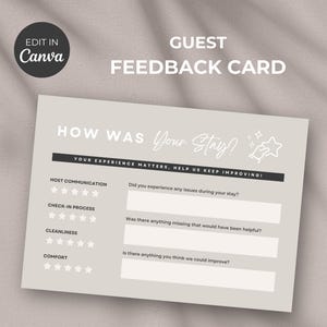Cartão de feedback de hóspedes do Airbnb, formulário de feedback do Airbnb, cartão de feedback, cartão de comentários do Airbnb, modelo editável do Canva, aluguel de temporada, VRBO, STR