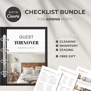 Guest Turnover Binder: Airbnb Checklist Bundle, Cleaning, Inventory, Staging (Editable Canva Template)