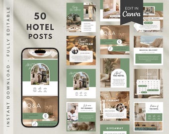 Hotel Instagram Post Template Bundle: Hospitality Social Media (Canva Editable)