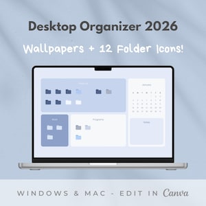 デスクトップオーガナイザーの壁紙セット：ブルーテーマの背景とフォルダアイコン（MacとWindows用パック）