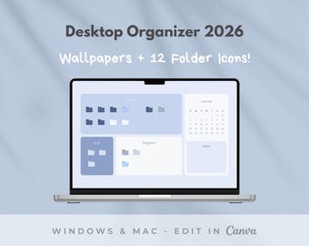 Desktop Organizer Wallpaper Set: Blue Theme Background & Folder Icons (Mac and Windows Pack)