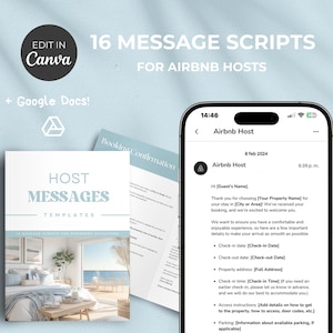 Può includere: Uno smartphone che mostra un modello di messaggio di esempio per gli host di Airbnb. Il messaggio include un saluto di benvenuto, le date di check-in e check-out, l'indirizzo della proprietà, l'orario di check-in, le istruzioni di accesso e le informazioni sul parcheggio.