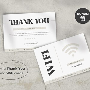 Pu&ograve; includere: Un biglietto di ringraziamento bianco con testo nero che dice "THANK YOU" e una scheda wifi bianca con testo nero che dice "WIFI" e un simbolo wifi. La scheda wifi include anche il nome della rete e la password.