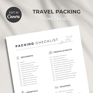 Travel Packing Checklist: 3 Pages Printable List (Editable Canva Template)