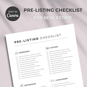 May include: A white pre-listing checklist for real estate, with sections for bedrooms, kitchen, bathrooms, and living room. The checklist includes tasks like cleaning, organizing, and preparing a home for sale. The Canva logo is in the upper left corner.