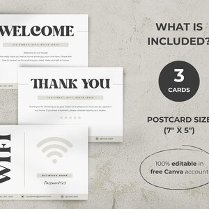 Pu&ograve; includere: Tre cartoline di dimensioni standard con un design moderno. Le cartoline sono bianche con testo nero e una grafica semplice. Il testo sulle cartoline recita "Benvenuti", "Grazie" e "WIFI". Le cartoline misurano 17,78 cm per 12,7 cm e sono modificabili al 100% in Canva.