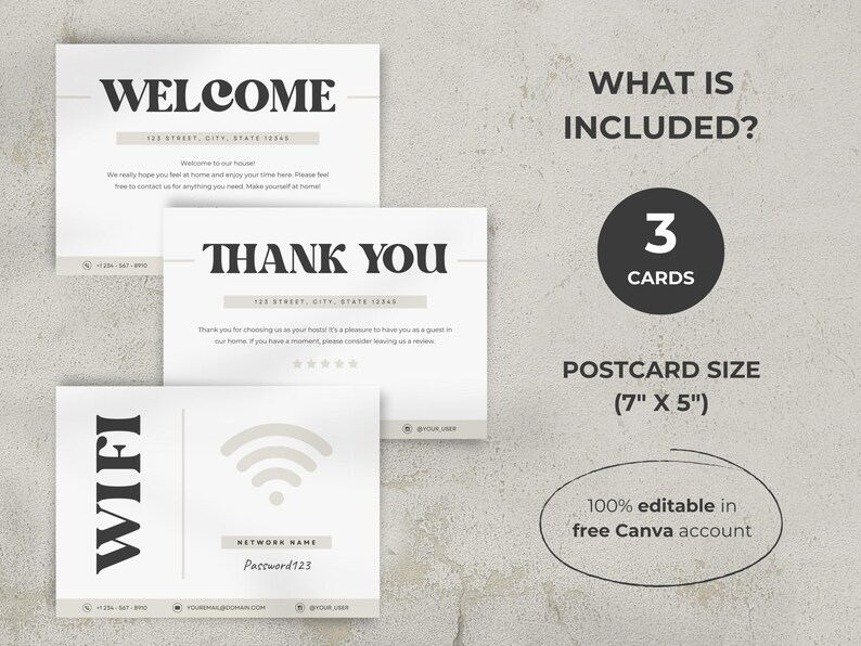 Pu&ograve; includere: Tre cartoline di dimensioni standard con un design moderno. Le cartoline sono bianche con testo nero e una grafica semplice. Il testo sulle cartoline recita "Benvenuti", "Grazie" e "WIFI". Le cartoline misurano 17,78 cm per 12,7 cm e sono modificabili al 100% in Canva.
