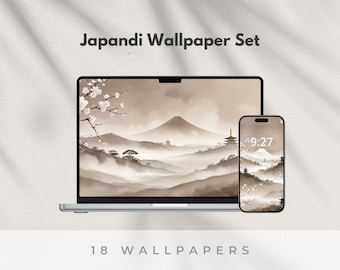 May include: A laptop and smartphone display a Japandi-style wallpaper set. The screens show a sepia-toned landscape with a mountain, pagoda, and cherry blossoms. The text "Japandi Wallpaper Set" and "18 Wallpapers" are visible.