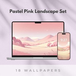 May include: A laptop and smartphone display a pastel pink landscape wallpaper. The laptop is open, and the phone shows the time as 9:27. The text "Pastel Pink Landscape Set" and "18 Wallpapers" are also visible.
