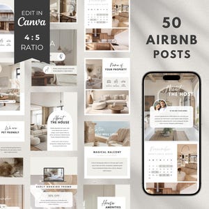 Puede incluir: Una maqueta de producto digital con 50 publicaciones de Airbnb, diseñadas para Canva. Las publicaciones muestran temas de diseño de interiores, con superposiciones de texto como «Acerca de la casa» y «Conoce al anfitrión». La imagen incluye una pantalla de teléfono inteligente.
