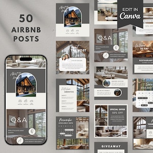 May include: A collection of 50 Airbnb post templates in a neutral color palette. The design includes a smartphone mockup displaying a post, along with various layouts for Q&A, amenities, and booking promos. Text includes "About the Host" and "Edit in Canva".