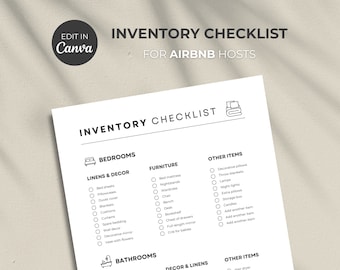 May include: A printable checklist for Airbnb hosts to keep track of their inventory. The checklist is divided into sections for bedrooms, bathrooms, and other items. Each section has a list of items with checkboxes next to them.