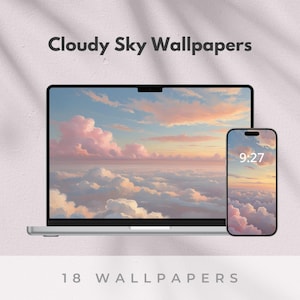 May include: A laptop and smartphone display a cloudy sky wallpaper with pink and blue hues. The text "Cloudy Sky Wallpapers" and "18 Wallpapers" are visible. The smartphone shows the time 9:27.