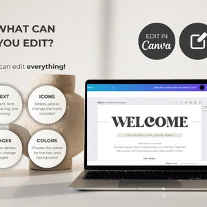 Pu&ograve; includere: Uno schermo di laptop che mostra un modello di design Canva per un cartello di benvenuto. Il modello presenta la parola "WELCOME" in grassetto, con campi di testo personalizzabili per l'indirizzo, il messaggio di benvenuto e il tuo nome. Il modello include anche icone che possono essere modificate.