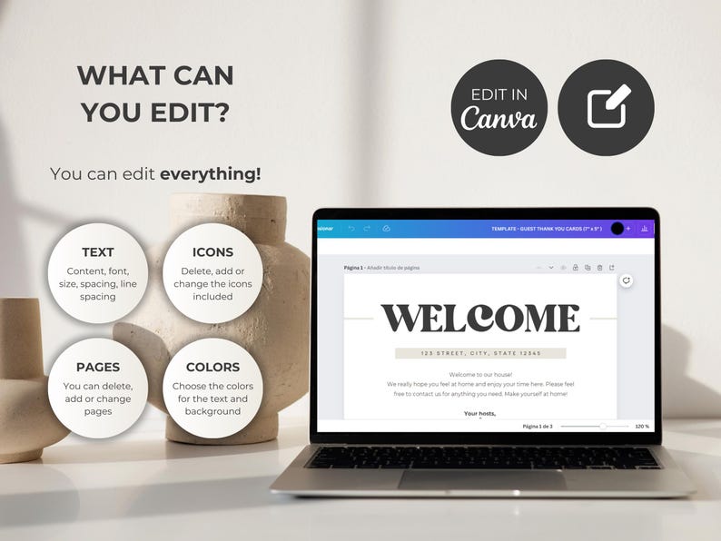 Pu&ograve; includere: Uno schermo di laptop che mostra un modello di design Canva per un cartello di benvenuto. Il modello presenta la parola "WELCOME" in grassetto, con campi di testo personalizzabili per l'indirizzo, il messaggio di benvenuto e il tuo nome. Il modello include anche icone che possono essere modificate.