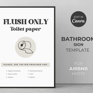 Airbnb Bathroom Sign, Flush Only Toilet Paper, Vacation Rental, Do Not Flush Sign, Airbnb Toilet Sign, Editable Canva Template, Airbnb Signs