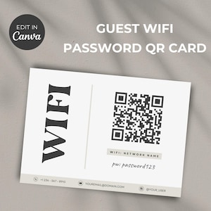 May include: A white card with a black QR code and the text "GUEST WIFI PASSWORD QR CARD". The card also includes the text "WIFI: NETWORK NAME" and "pw: password123".