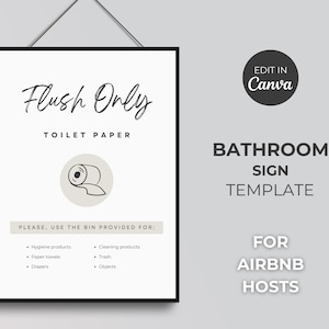 Bathroom Sign, Flush Only Toilet Paper, Airbnb Toilet Sign, Bathroom Poster, Printable Airbnb Bathroom Sign, Airbnb Signs, Editable Template