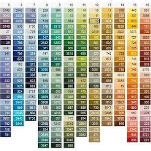May include: A colour chart with numbered squares displaying a wide range of colours, from light pastels to deep, saturated hues. The chart is designed for reference and colour selection.