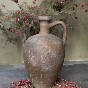 Vaso in terracotta vintage con doppio manico, ceramica turca, vaso di fiori in argilla decorativa, vaso antico di transizione smaltato vintage, vaso fatto a mano