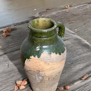 Vintage Terracotta Double Handled Vase, Turkish Pottery, Decorative Clay Flower Pot, Vintage Glazed Transitional Antique Vase, Handmade Vase