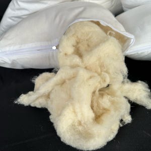 May include: A white pillowcase with a zipper is open to reveal a large amount of natural wool filling. The text "Natural Wool" is printed below the pillowcase.