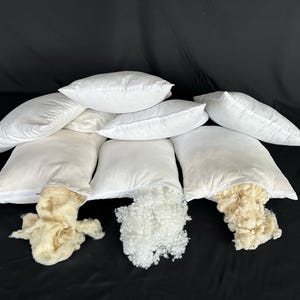 May include: Six white pillowcases with zippers are open to reveal the filling inside. Three pillowcases are filled with white polyester fiberfill, and three pillowcases are filled with white down feathers.